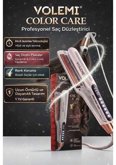 Volemı V-0102 Profesyonel Saç Maşası Color Care, 5x Renk Koruma, Keratin Yağlı Seramik Kaplama Dijital Isı Ayarlı Maşa