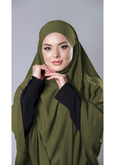 Hürrem Bone Haki Pratik Hazır Geçmeli Tesettür Eşarp Medine İpeği Bağcıklı Sufle Hijab 2301 09