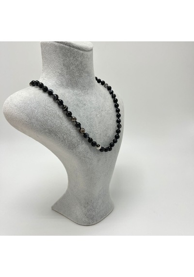 Yıldız Doğal Taş Göz Akik Doğal Taş 6 MM Makrome Kolye 45 CM - 55 CM Ayarlanabilir Siyah