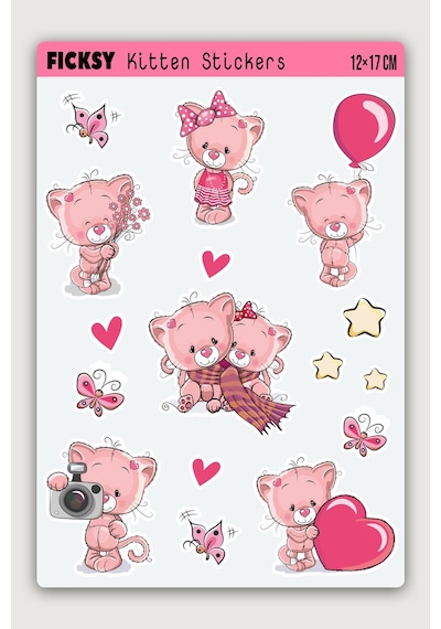 Sevimli Yavru Kedi Sticker Seti - 16 Adet Etiket Çıkartma Diğer
