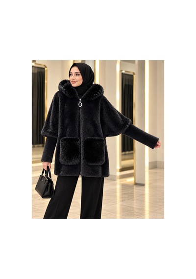 Moor Siyah Kürk Detaylı Fermuarlı Peluş Kaban Siyah - 936665946 Siyah