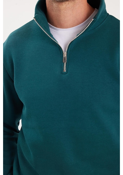 Tudors Unisex Relax Fit Rahat Kesim Pamuklu İçi Polarlı Yarım Fermuarlı Yeşil Dik Yaka Sweatshirt-35163 Yeşil