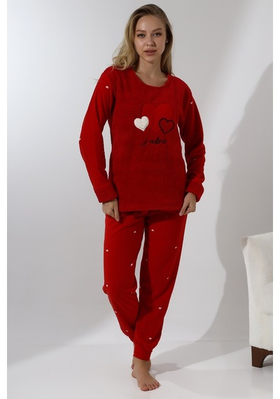 Wordex Fawn 5005 Peluş Welsoft Polar Kışlık Yumoş Kadın Pijama Takımı Kırmızı