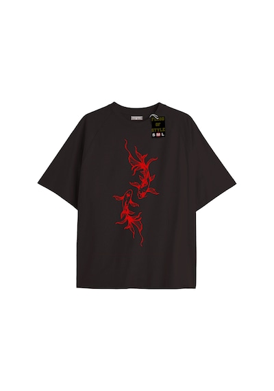 Flood Of Style Siyah Oversize T-shirt Balık Özel Tasarım