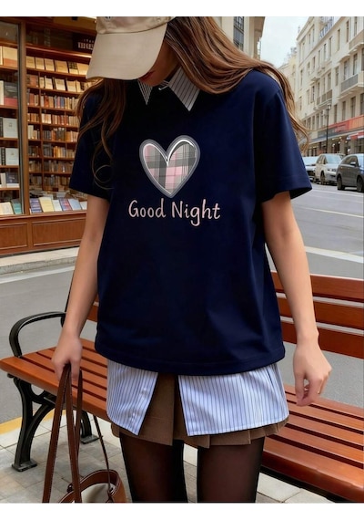 Uyguntarz Unisex Night Kalp Baskılı Tasarım Tshirt Lacivert