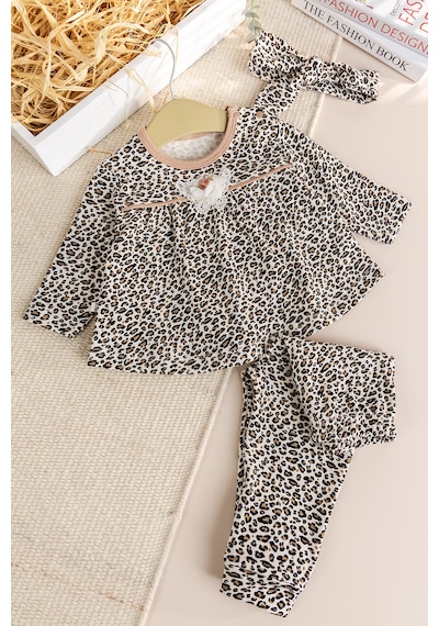 Babymod Leopar Desenli Bandanalı 3'lü Kız Bebek Takım Kahverengi