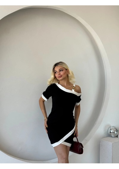 Valensdesign Kadın Kısa Kollu Asimetrik Kesim Yaka Şerit Ve Aksesuar Detaylı Modal Elbise Siyah