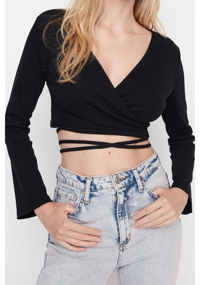 Ersefa Moda Kruvaze Örme Slim Düz Desen Casual Günlük Crop Uzun Kol Bluz Siyah