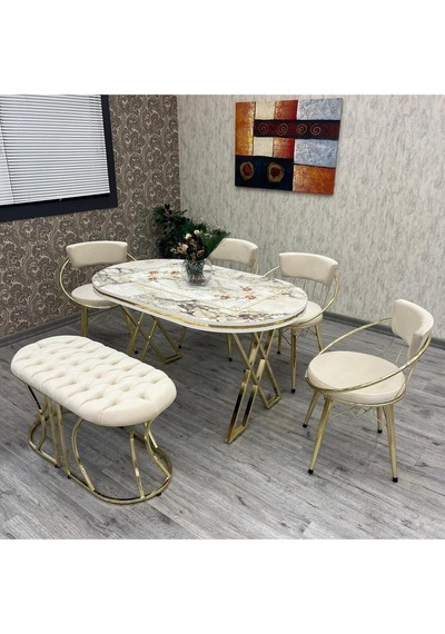 Mutfak Masa Sandalye Takımı Selenit 80-140 Oval Gold 6 Kişilik Benchli Mutfak Masası Takımı Gold Mutfak Masa Sandalye Takımı Selenit 80-140 Oval Gold 6 Kişilik Benchli Mutfak Masası Takımı Gold