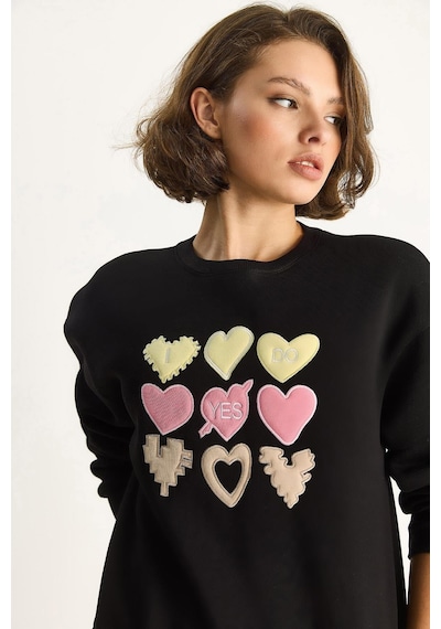 Shade Kadın Bisiklet Yaka Kalp Nakışlı Şardonlu Üç İplik Sweatshirt 6875 60283520 - Siyah