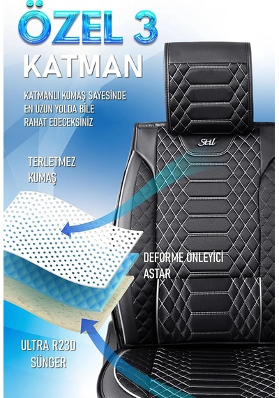 Ackstore Yarı Deri Oto Koltuk Kılıfı Tam 5li Set Mars Siyah-beyaz Renk Fiat Tipo İle Uyumlu