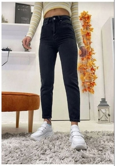 Siyah Mom Jean Yüksek Bel Likralı Kot Pantolon