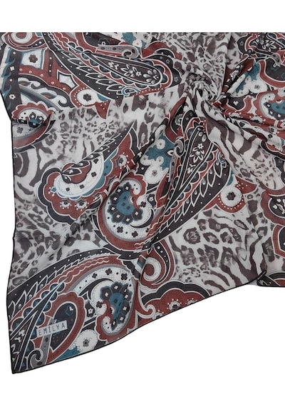 Mim Eşarp Emilya Fres Krep Leopar Desenli Eşarp 90x90 Cm Kiremit - Petrol Mavi - Gri