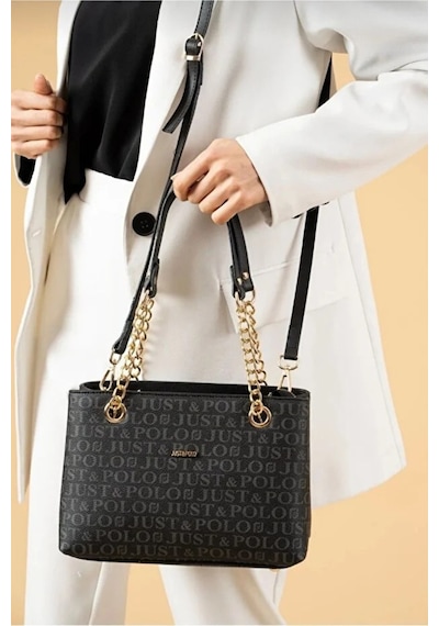 Just Polo Orijinal Kadın 3 Bölmeli Zincir Detaylı Ayarlanabilir Askılı Lüks El & Omuz Çantası Shoulder Bag Siyah