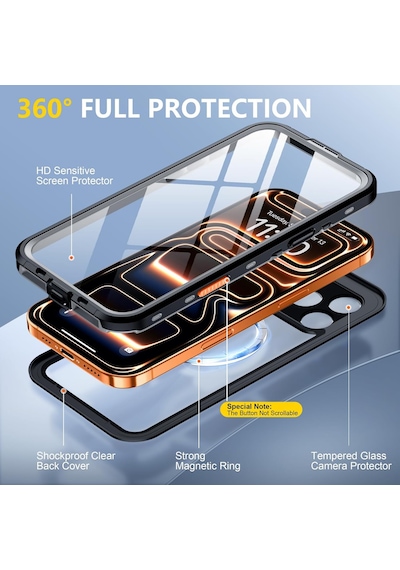Apple Uyumlu iPhone 17 Pro Max İle Uyumlu Kılıf Su Geçirmez 360 Derece Koruma Waterproof Telefon Kılıfı Siyah