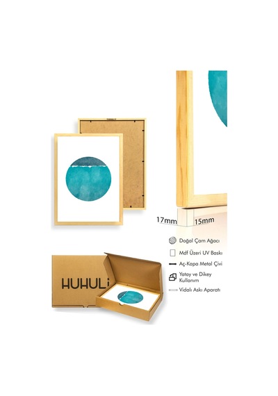 Doğal Ahşap Çerçeveli Soyut Mavi Tonlarda Tablo - Minimal Huhu1407