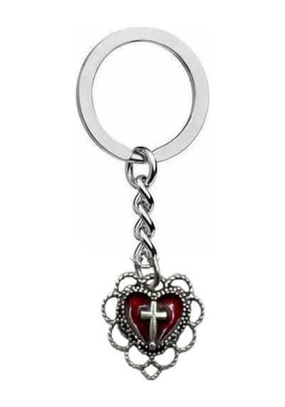 Kırmızı Kalp Detaylı Gotik Haç Figürlü Unisex Anahtarlık Metal Alternatif Tarz Aksesuar