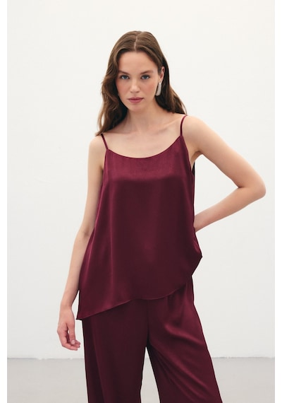 Sateen Askılı Saten Bluz - Bordo-136353 Bordo