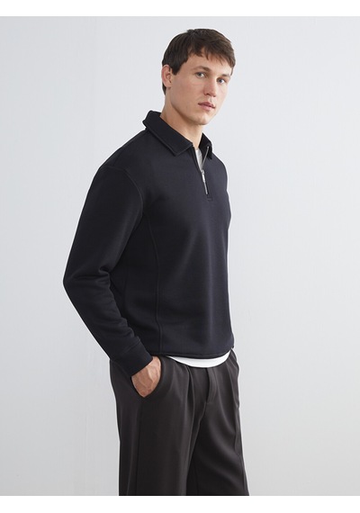 Lcw Vision Siyah Polo Yaka Erkek Kalın Sweatshirt
