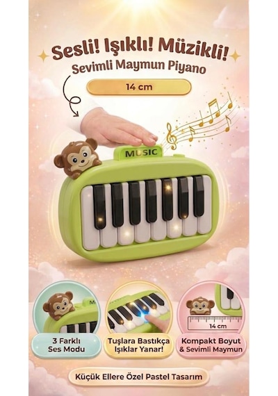 14cm Sesli Işıklı Ve Müzikli Sevimli Maymun Figürlü İnteraktif Oyuncak El Piyanosu