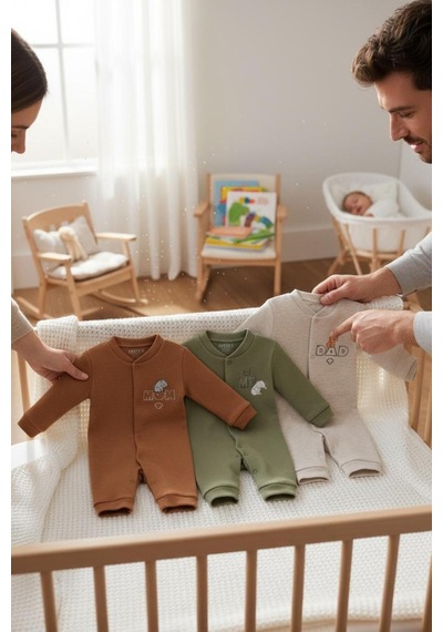 Altıntaş Baby Mom Dad Me Erkek Bebek Üçlü Tulum Yeşil Bej Yeşil Bej