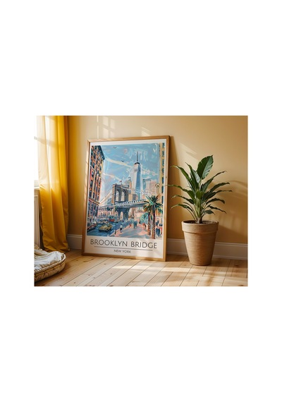 Brooklyn Bridge New York Travel Poster Ahşap Çerçeveli Dekoratif Duvar Tablosu Ahşap 01