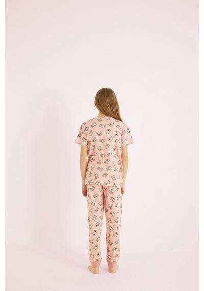 Siyah İnci Kız Çocuk %100 Pamuk Ayıcık Baskılı Bisiklet Yaka Pijama Takım25110055 Pudra