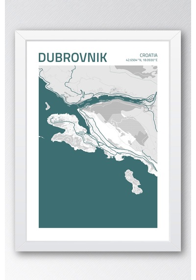 Dubrovnik Hırvatistan Croatia Haritası Çerçeveli Tablo Lüks Salon Ofis Duvar Dekorasyonu Tablo Beyaz