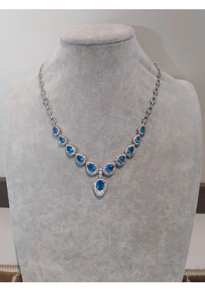 925 Gümüş Mavi Topaz Tasarım Kolye 313 Gümüş