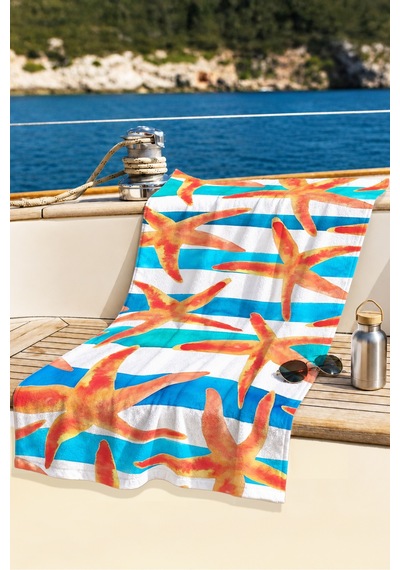 Deniz Yıldızı Çizgili Marine Plaj Havlusu - Turkuaz Turuncu Akdeniz Hızlı Kuruyan Mikrofiber Havlu İnci Şeftali