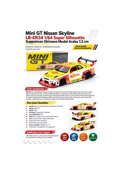 Mini Gt Nissan Skyline Lb-er34 1/64 Super Silhouette Suppaiman Okinawa Model Araba 7,2 Cm
