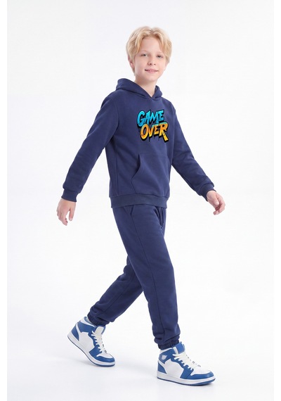 Fyk Kids 3 İplik Baskılı Kışlık Kanguru Cepli Kapüşonlu Erkek Çocuk 2'li Eşofman Takımı 4 Parça Lacivert-gri