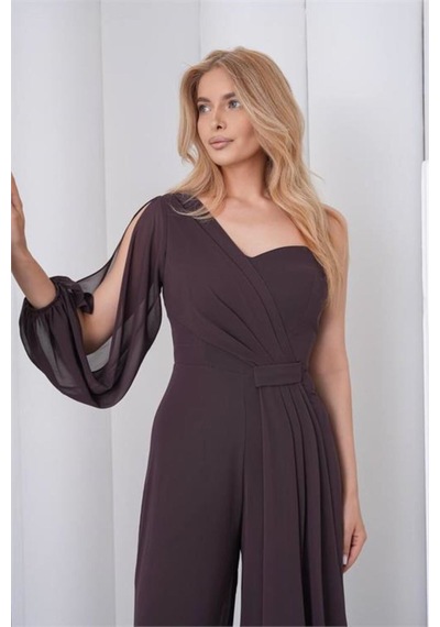 Neşeli Butik Kadın Kahverengi Tek Kol Astarlı Tül Kumaş Tasarım Abiye Tulum Nbs9389