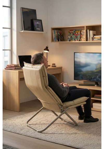 Lumis Garden Prestij Katlanabilir Deri Lounge Koltuğu Çıkarılabilir Kılıf, Modern Metal İskelet Bej