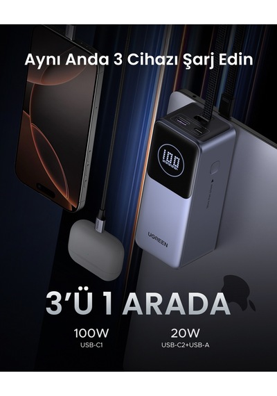 Ugreen Nexode 20.000 Mah 130 W Akıllı Ekranlı Dahili Kablolu Hızlı Şarj Powerbank, 55365b Gri