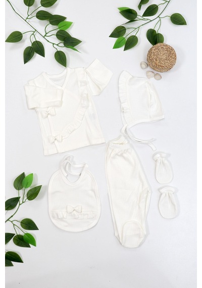 Sitilin Kız Bebek Natural Pamuk Kumaş 5 Li Fiyonglu Lüks Süslü Hastane Çıkışı Seti Stl6679 Beyaz
