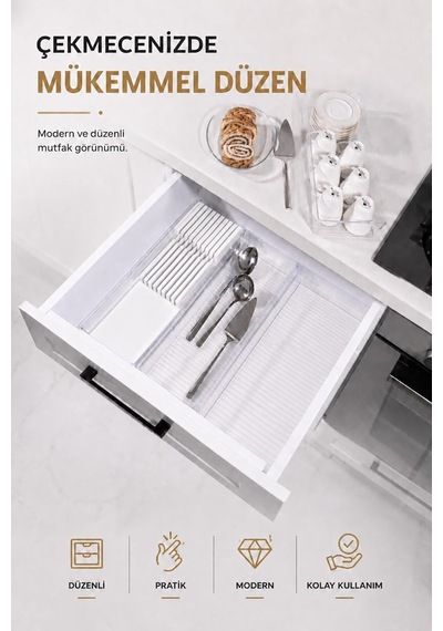 Çekmece İçi Bıçaklık Organizer Bölmeli Mutfak Düzenleyici Beyaz S-11029 Çok Renkli