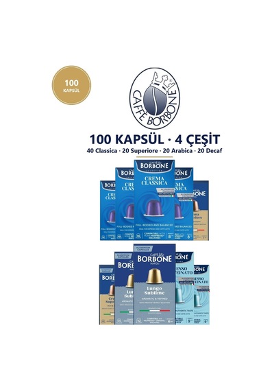 Caffe Borbone Karma 100'lü Nespresso Uyumlu Alüminyum Kapsül Kahve 4 Classica 2 Superiore 2 Arabica 2 Decaf