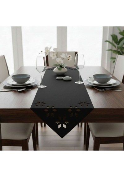 1 Adet Deri Runner-40x140 Cm-çiçek Desenli Runner Siyah