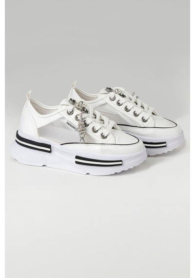 Tw Tonny White Tokyo - 172 Tül Detaylı Keten Sneakers Topuk Boyu 6cm Beyaz