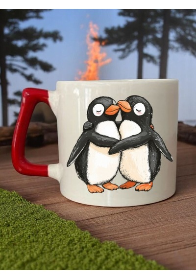 Penguen 3'lü Kırmızı Kulplu Seramik Kupa Bardak Kahve Bardağı Beyaz