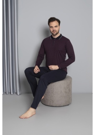 Tampap Erkek Düğmeli Desenli Uzun Kollu Pijama Takımı 16585 Bordo Bordo