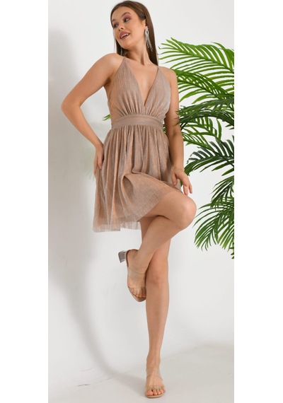 Hanife Glam Couture Hanife Glam Molight Mini Elbise Pudra