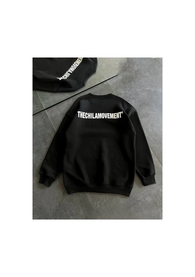 Kadın 3 İplik Kışlık Pamuklu Bisiklet Yaka Oversize Baskılı Sweatshirt - Siyah