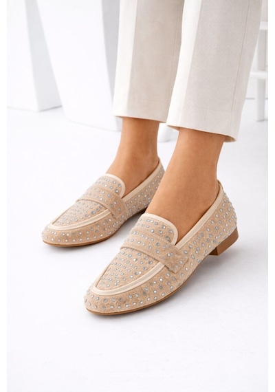 Mery Ceyn Taşlı Küt Kare Loafer Şık Babet Bej