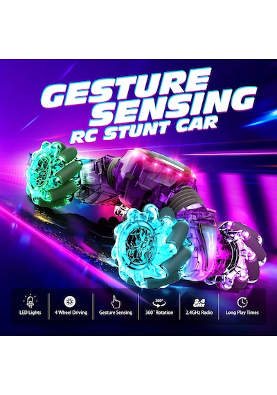 Mj Toys Uzaktan Kumandalı Şarjlı Led Işıklı Bilekten Kontrollü Araba Akrobat Drift Stunt 4x4 Oyuncak Araba Mor