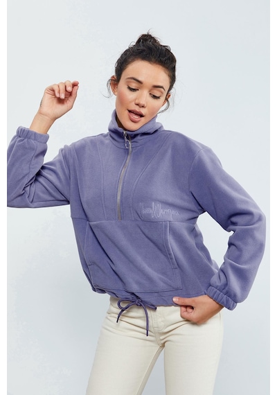 Tommy Life Açık Eflatun Yarım Fermuar Etek Ucu Büzgülü Kadın Polar Oversize Sweatshirt - 97171 Eflatun
