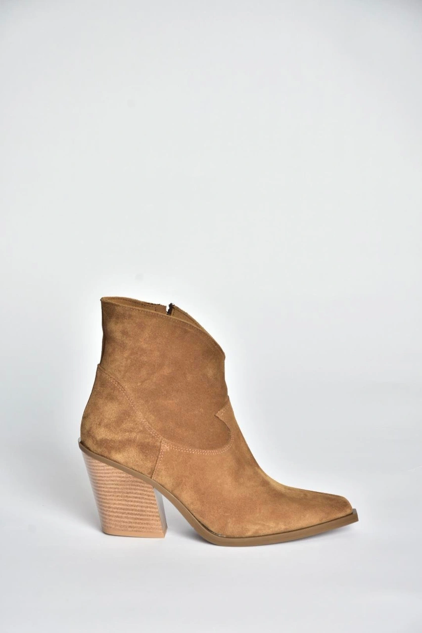 Fox Shoes V654081902 Taba Hakiki Deri Süet Kalın Topuklu Western Kovboy Kadın Bot Taba-Süet