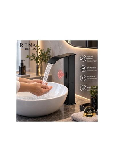 Rena Design Fotoselli Sensörlü Siyah Kare Çanak Lavabo Bataryasi Temassiz Otomatik Tasarruflu Modern Musluk