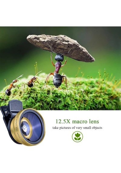 2'si 1 Arada Klipsli Telefon Kamera Lensi 0.45x Ultra Geniş Açı 10x Makro 37mm Evrensel 49mm Uv Port Gold